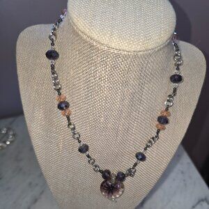 Artisan Lampwork Glass Flower Pendant Necklace Purple Amethyst Crystal Beaded